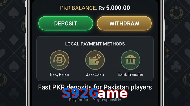 Deposit and withdrawal screen with PKR methods